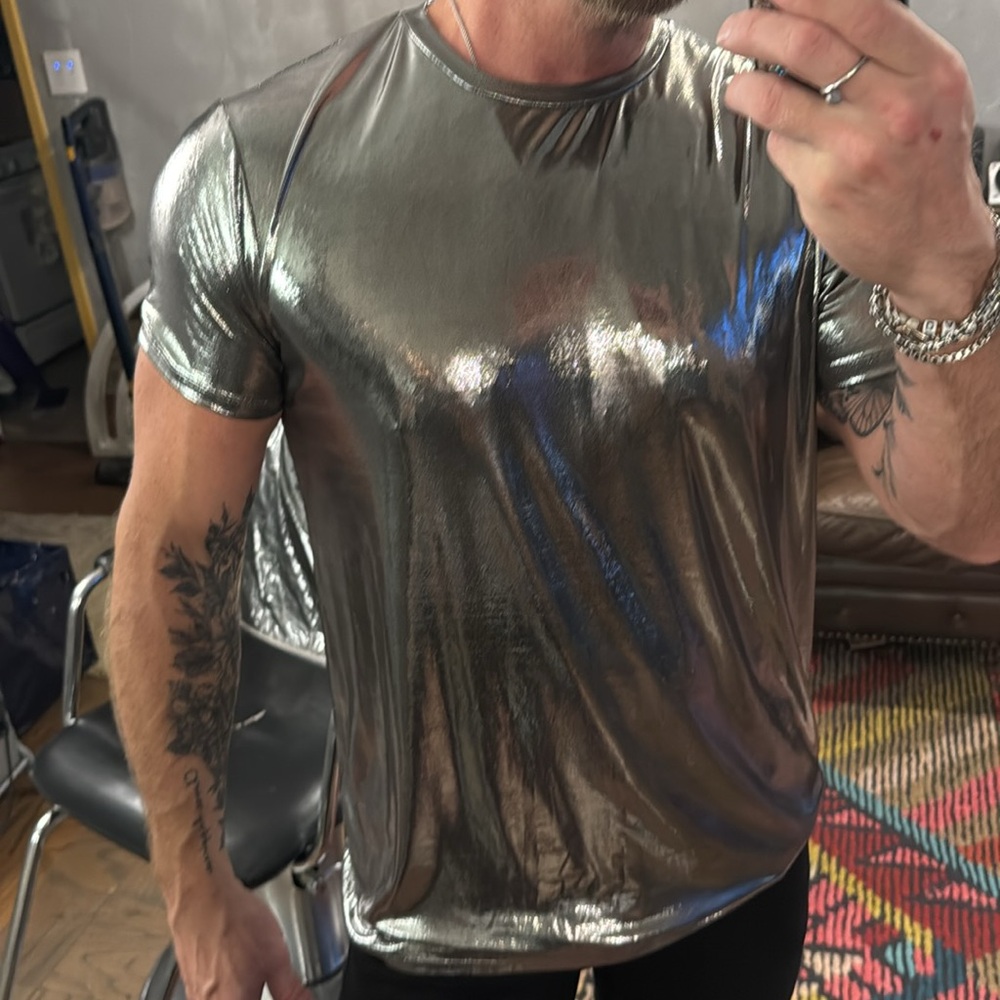 Silver metallic, shiny men’s short sleeve T-shirt, Asos brand size large
